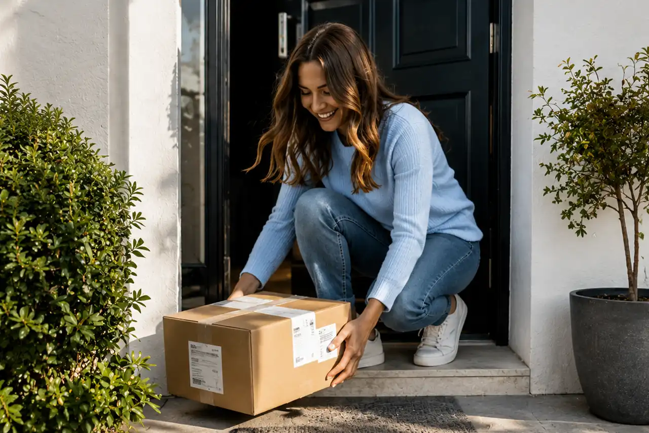 Une femme ramasse par terre un colis livré par la poste.